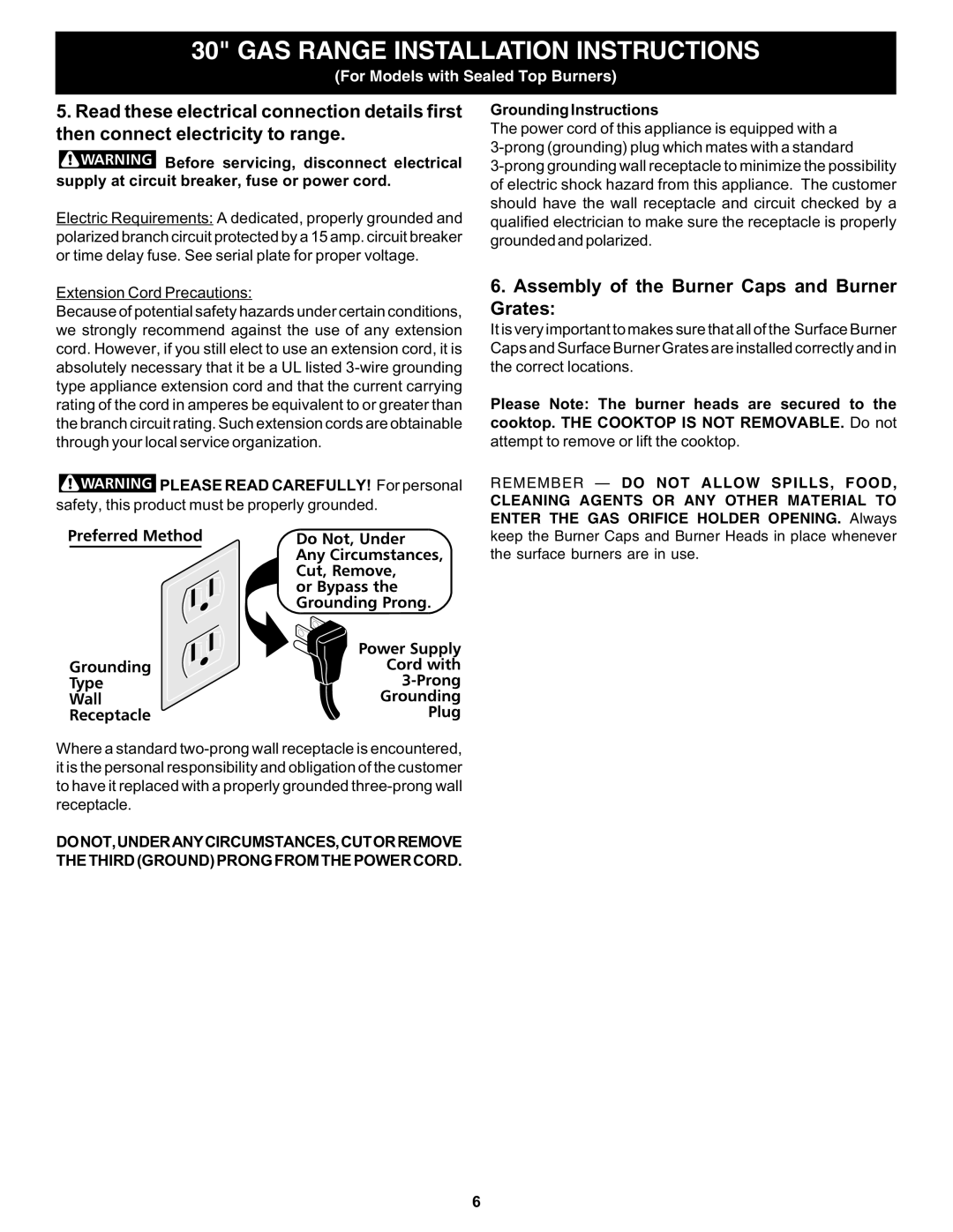 Bosch Appliances HGS5053UC manual Assembly of the Burner Caps and Burner Grates, Grounding Instructions 