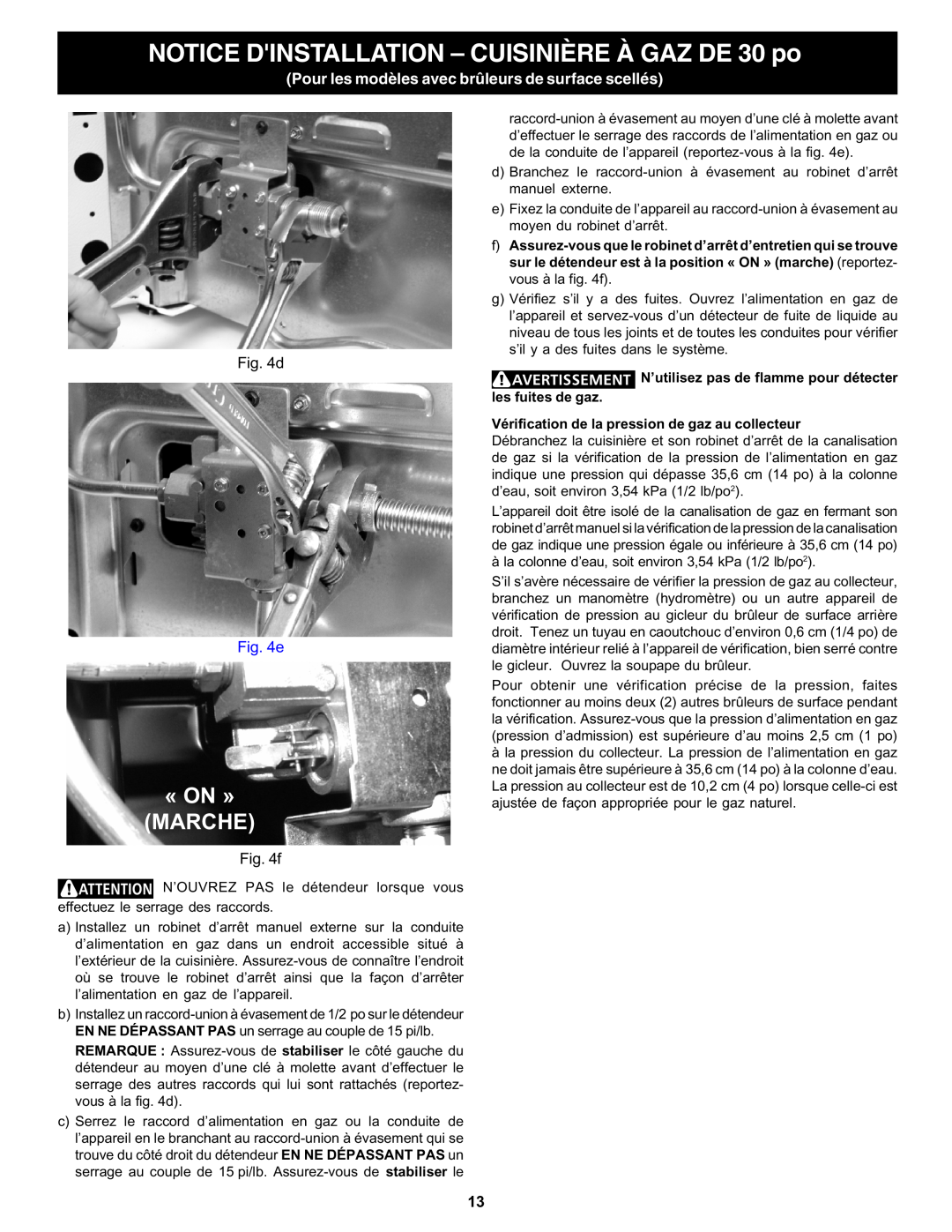Bosch Appliances HGS5053UC manual NOTICE DINSTALLATION - CUISINIÈRE À GAZ DE 30 po, «On » Marche, d, f 
