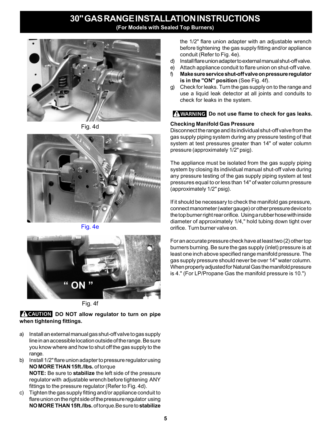 Bosch Appliances HGS5053UC manual “ On ”, f, 30GASRANGEINSTALLATIONINSTRUCTIONS, For Models with Sealed Top Burners 