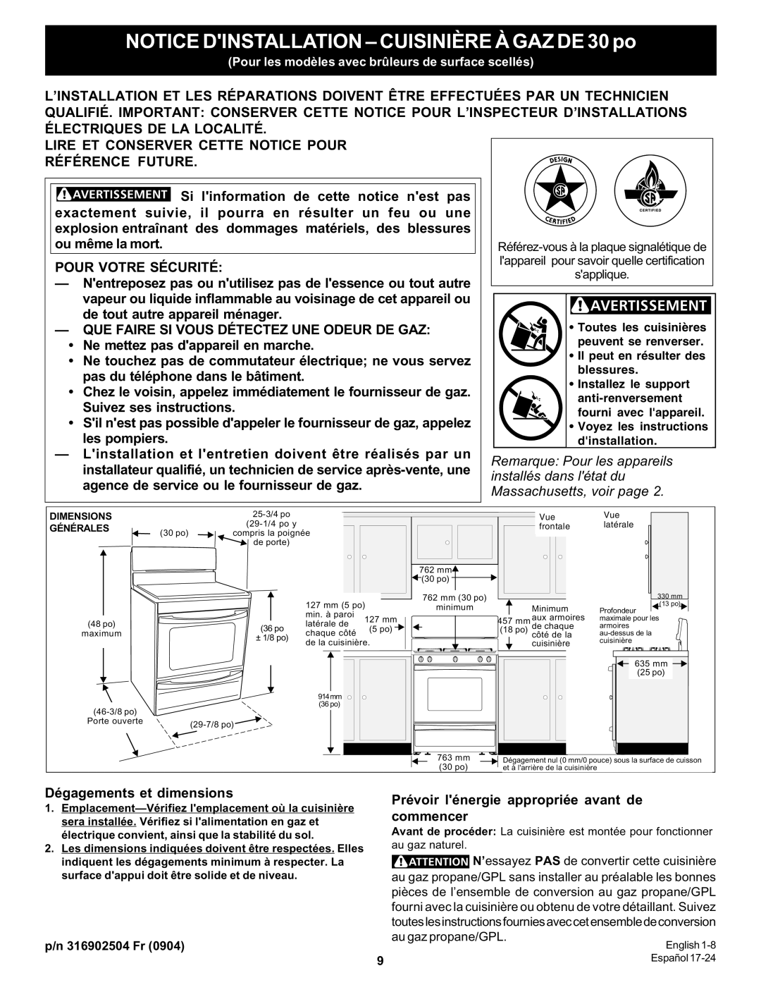 Bosch Appliances HGS5053UC NOTICE DINSTALLATION - CUISINIÈRE À GAZ DE 30 po, Électriques De La Localité, Référence Future 