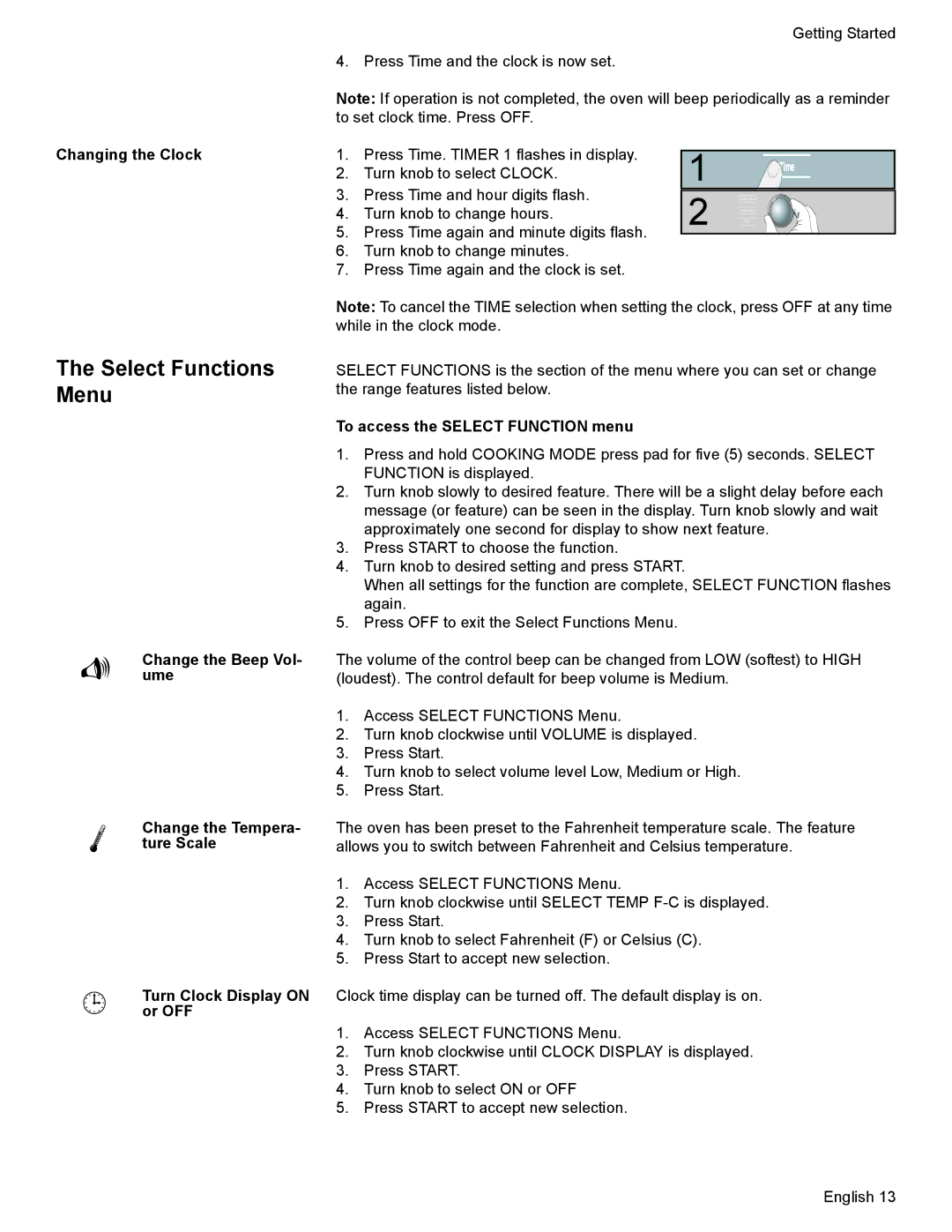 Bosch Appliances HGS7052UC manual Select Functions Menu, Changing the Clock, To access the Select Function menu 