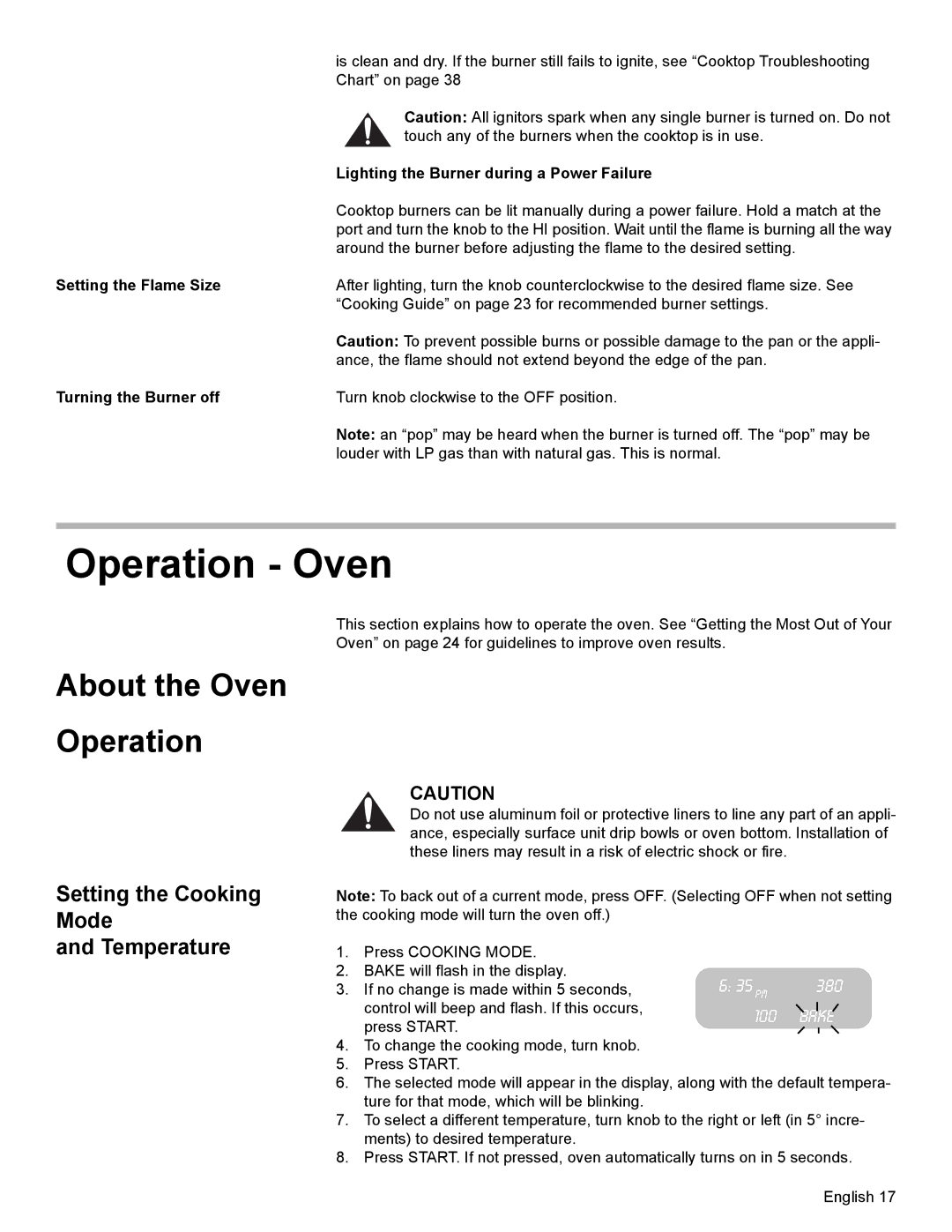 Bosch Appliances HGS7052UC manual Operation Oven, Setting the Cooking Mode Temperature, Setting the Flame Size 