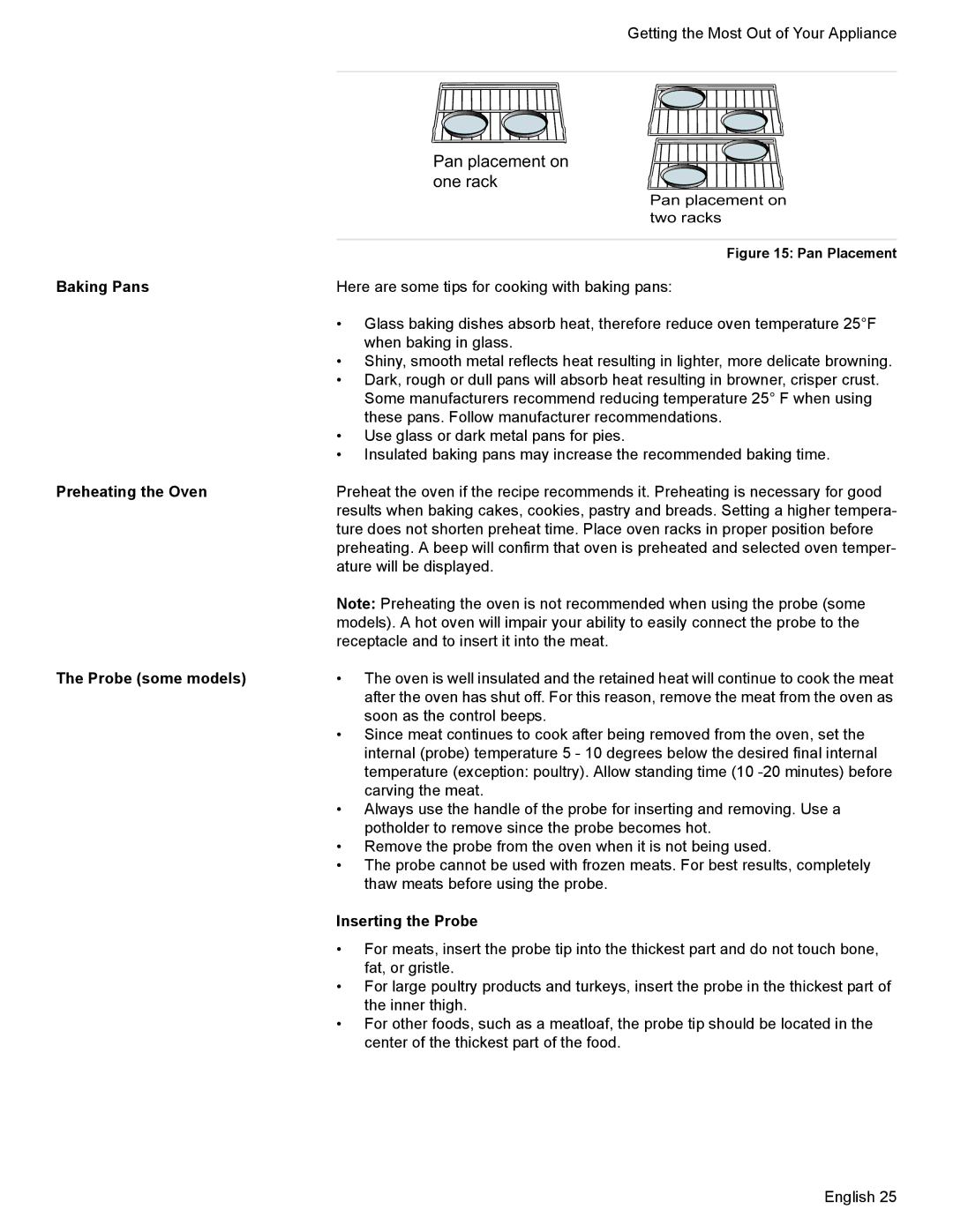 Bosch Appliances HGS7052UC manual Baking Pans, Preheating the Oven, Probe some models, Inserting the Probe 