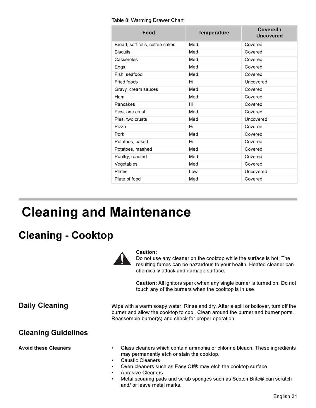 Bosch Appliances HGS7052UC manual Cleaning and Maintenance, Cleaning Cooktop, Daily Cleaning, Cleaning Guidelines 