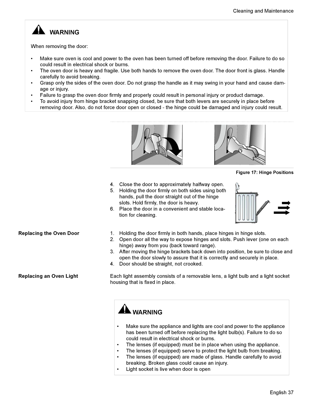 Bosch Appliances HGS7052UC manual Replacing the Oven Door, Replacing an Oven Light 