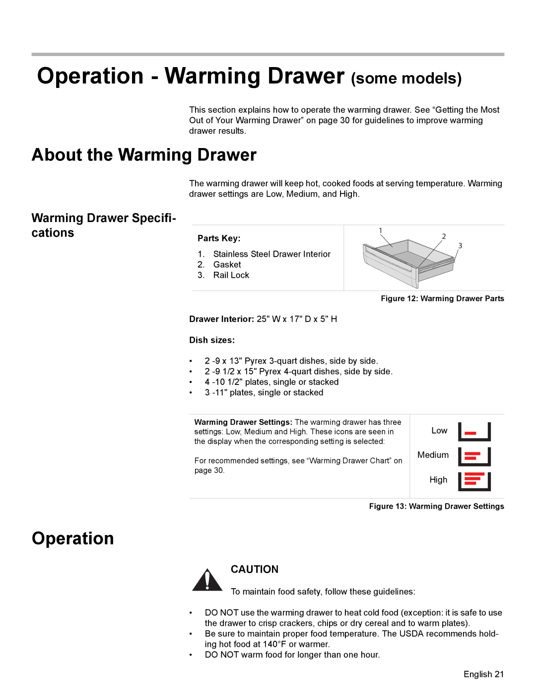 Bosch Appliances HGS7282UC Operation Warming Drawer some models, About the Warming Drawer, Warming Drawer Specifi- cations 