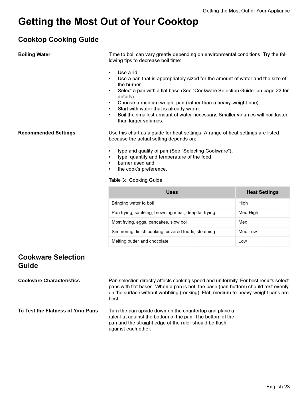 Bosch Appliances HGS7282UC manual Getting the Most Out of Your Cooktop, Cooktop Cooking Guide, Cookware Selection Guide 