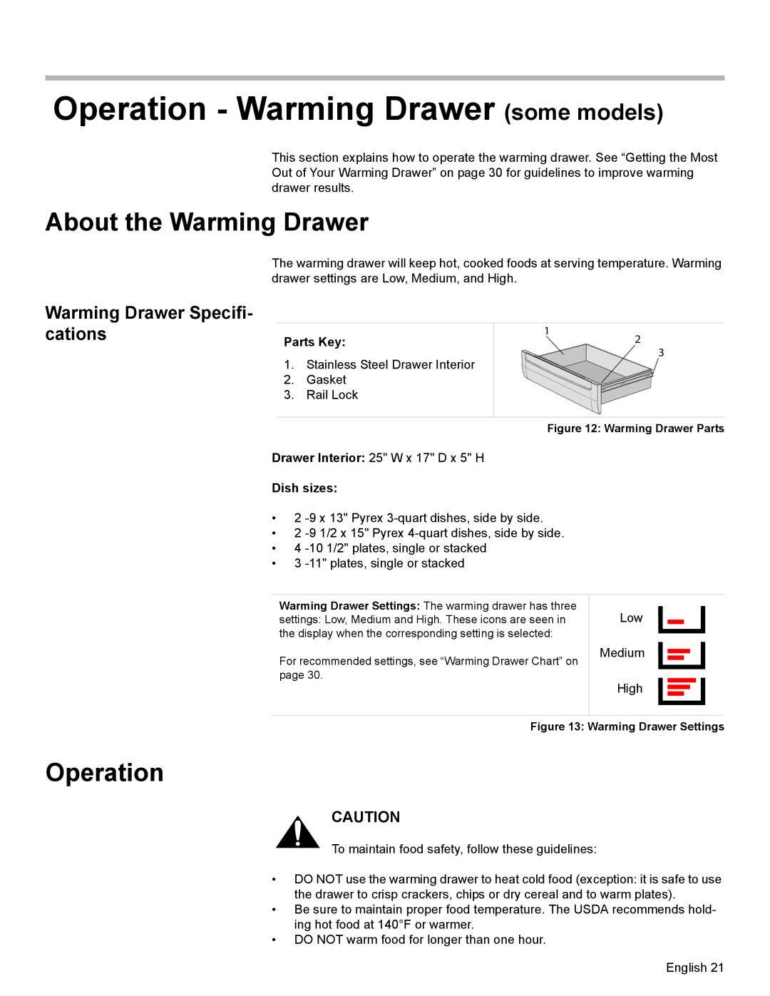 Bosch Appliances HGS7282UC manual Operation - Warming Drawer some models, About the Warming Drawer, Parts Key, Dish sizes 
