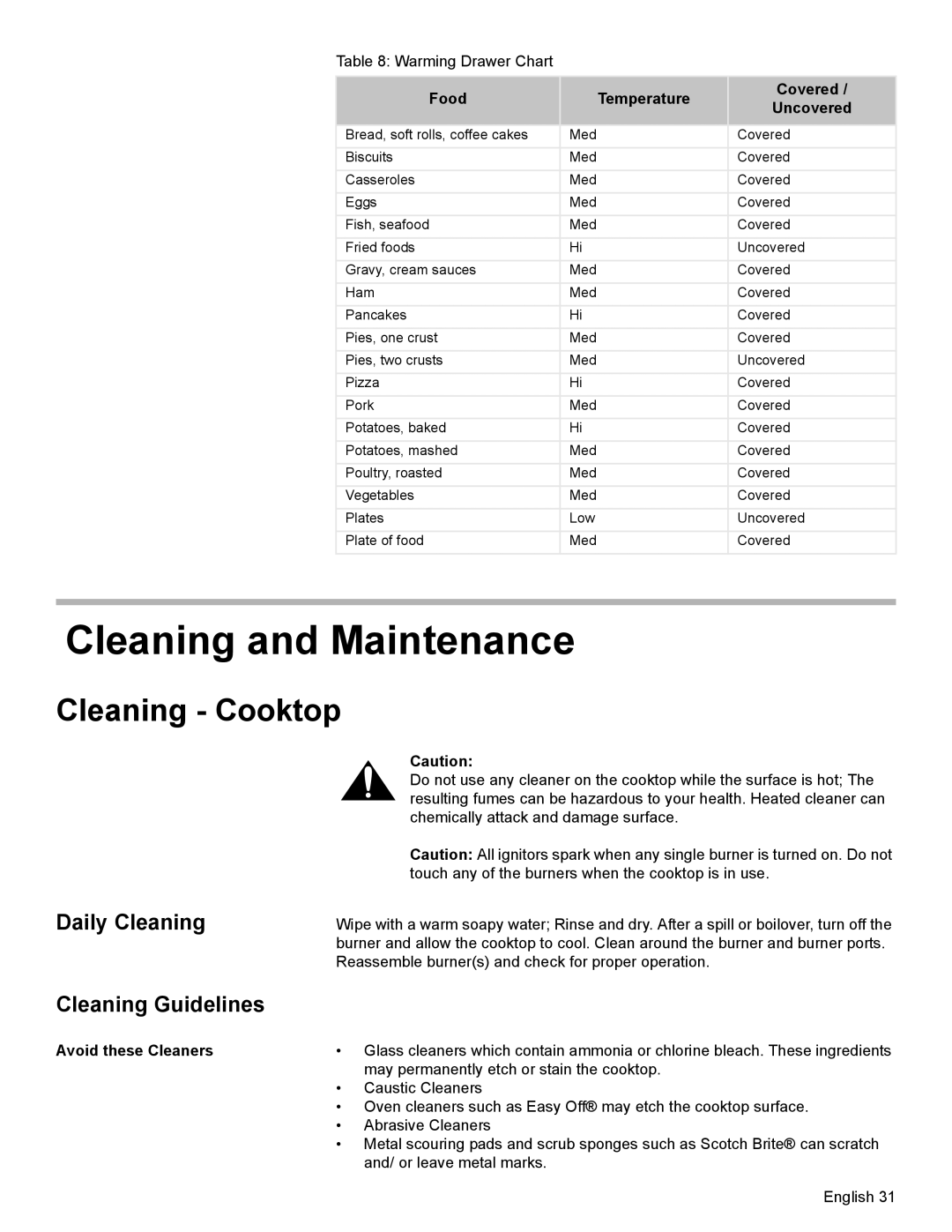 Bosch Appliances HGS7282UC manual Cleaning and Maintenance, Cleaning - Cooktop, Daily Cleaning, Cleaning Guidelines, Food 