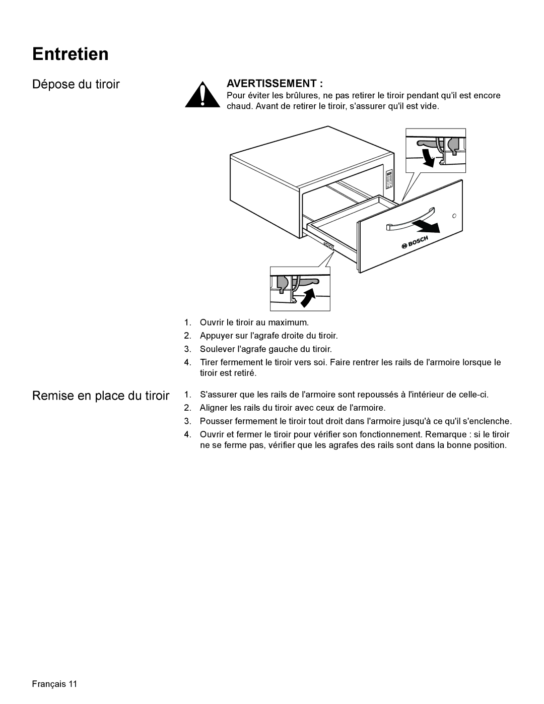 Bosch Appliances HWD27, HWD30 manual Entretien, Dépose du tiroir 