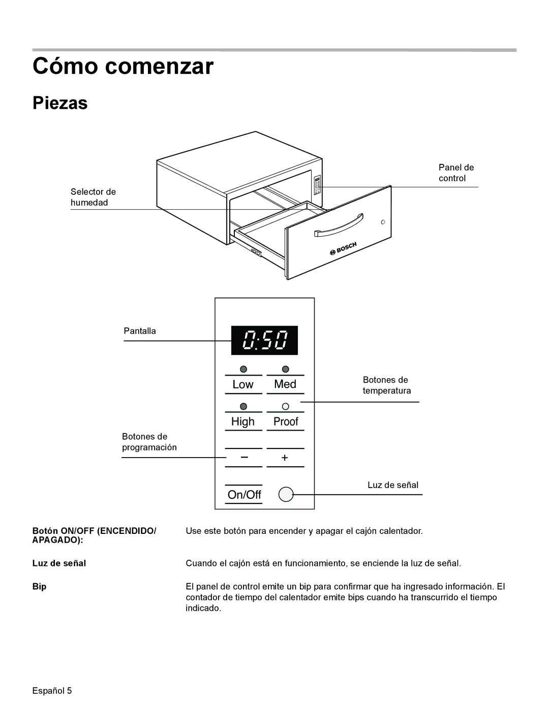 Bosch Appliances HWD27, HWD30 manual Cómo comenzar, Piezas, Botón ON/OFF Encendido, Luz de señal, Bip 