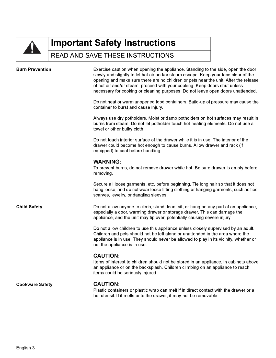 Bosch Appliances HWD27, HWD30 manual Burn Prevention, Child Safety, Cookware Safety 