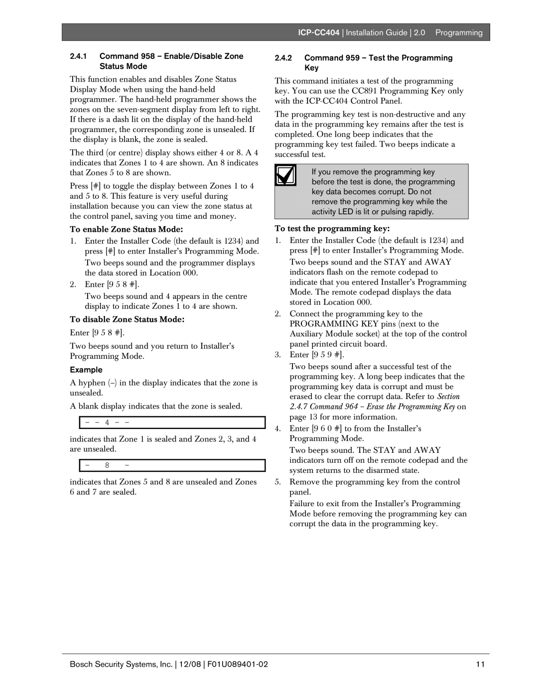 Bosch Appliances ICP-CC404 manual Command 958 Enable/Disable Zone Status Mode, Command 959 Test the Programming Key 