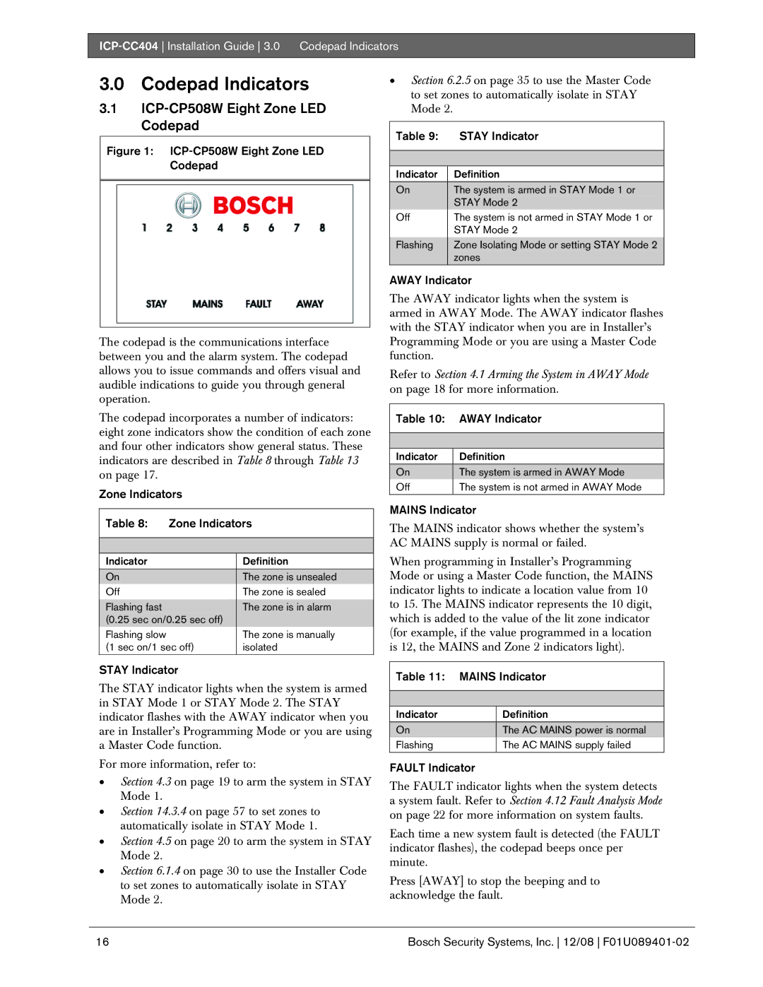 Bosch Appliances ICP-CC404 manual Codepad Indicators, ICP-CP508W Eight Zone LED Codepad 