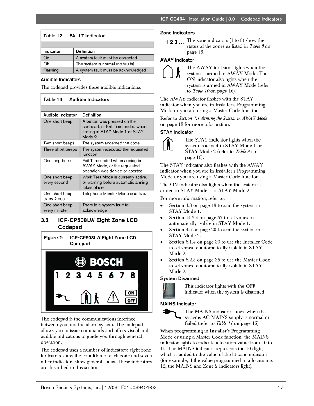 Bosch Appliances ICP-CC404 manual ICP-CP508LW Eight Zone LCD Codepad, Audible Indicators, System Disarmed 