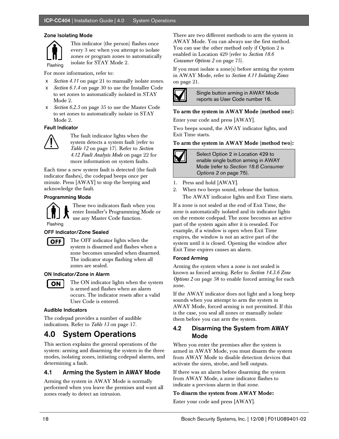 Bosch Appliances ICP-CC404 manual System Operations, Disarming the System from Away Mode, Arming the System in Away Mode 