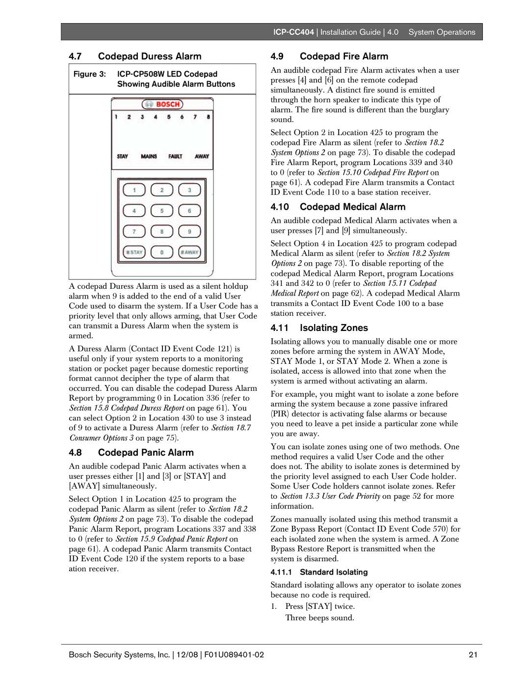 Bosch Appliances ICP-CC404 manual Codepad Duress Alarm, Codepad Panic Alarm, Codepad Fire Alarm, Codepad Medical Alarm 