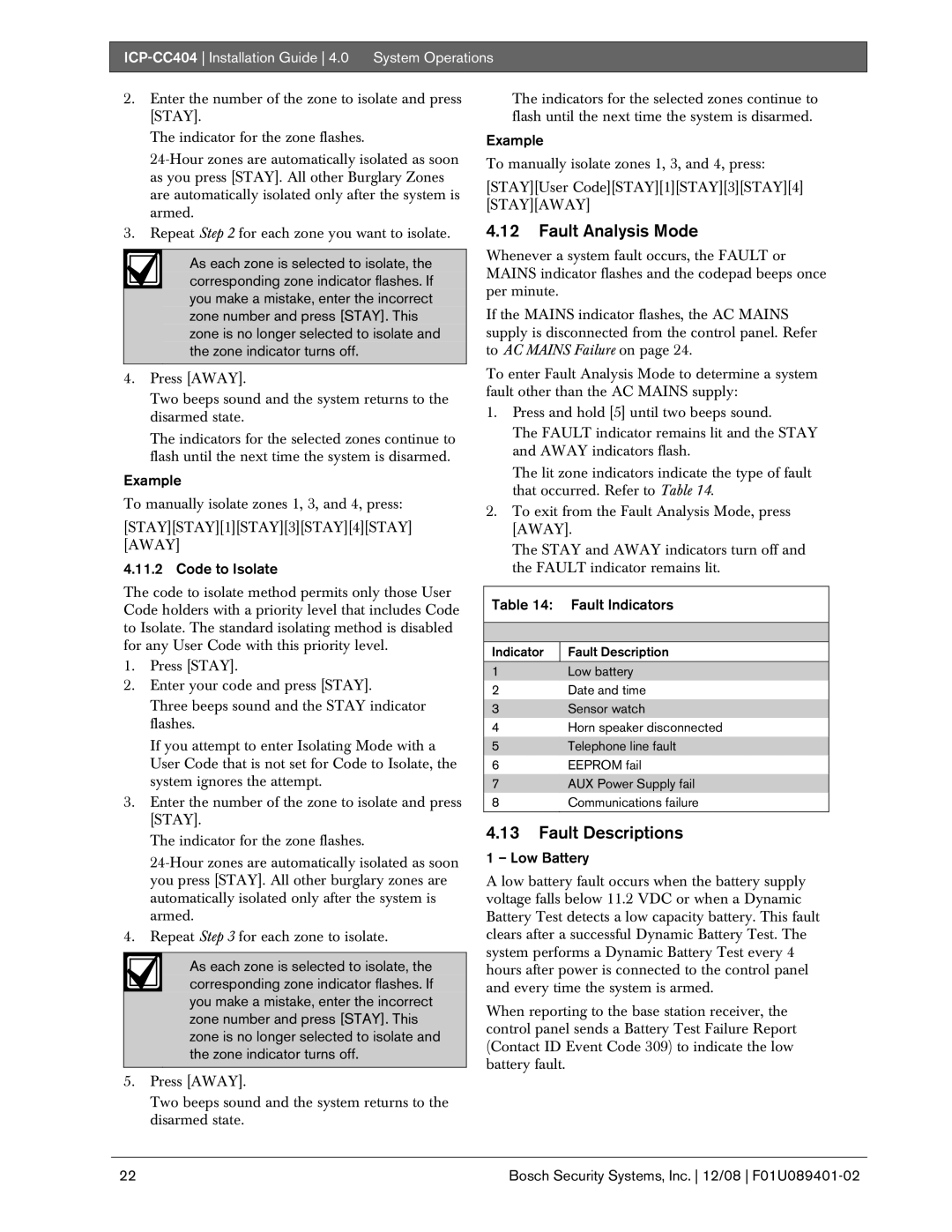 Bosch Appliances ICP-CC404 manual Fault Analysis Mode, Fault Descriptions, Code to Isolate, Fault Indicators, Low Battery 