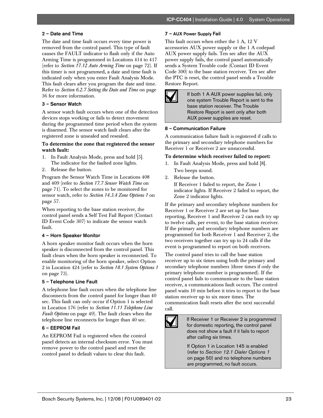 Bosch Appliances ICP-CC404 manual Date and Time, Sensor Watch, Horn Speaker Monitor, Telephone Line Fault, Eeprom Fail 