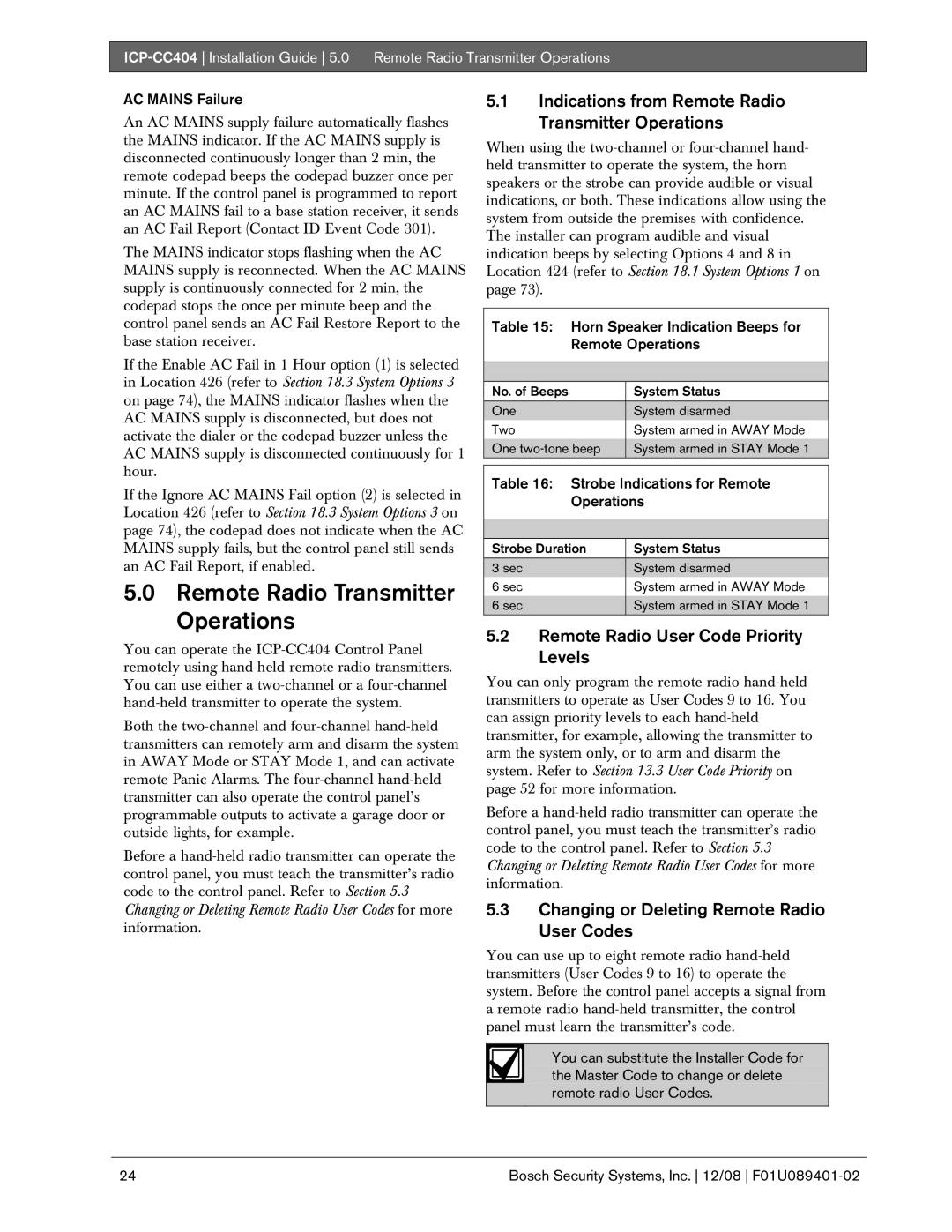 Bosch Appliances ICP-CC404 manual Indications from Remote Radio Transmitter Operations 