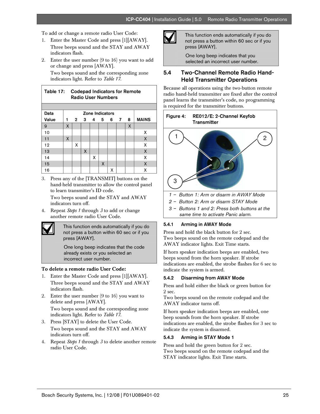 Bosch Appliances ICP-CC404 manual Two-Channel Remote Radio Hand- Held Transmitter Operations, Arming in Away Mode 