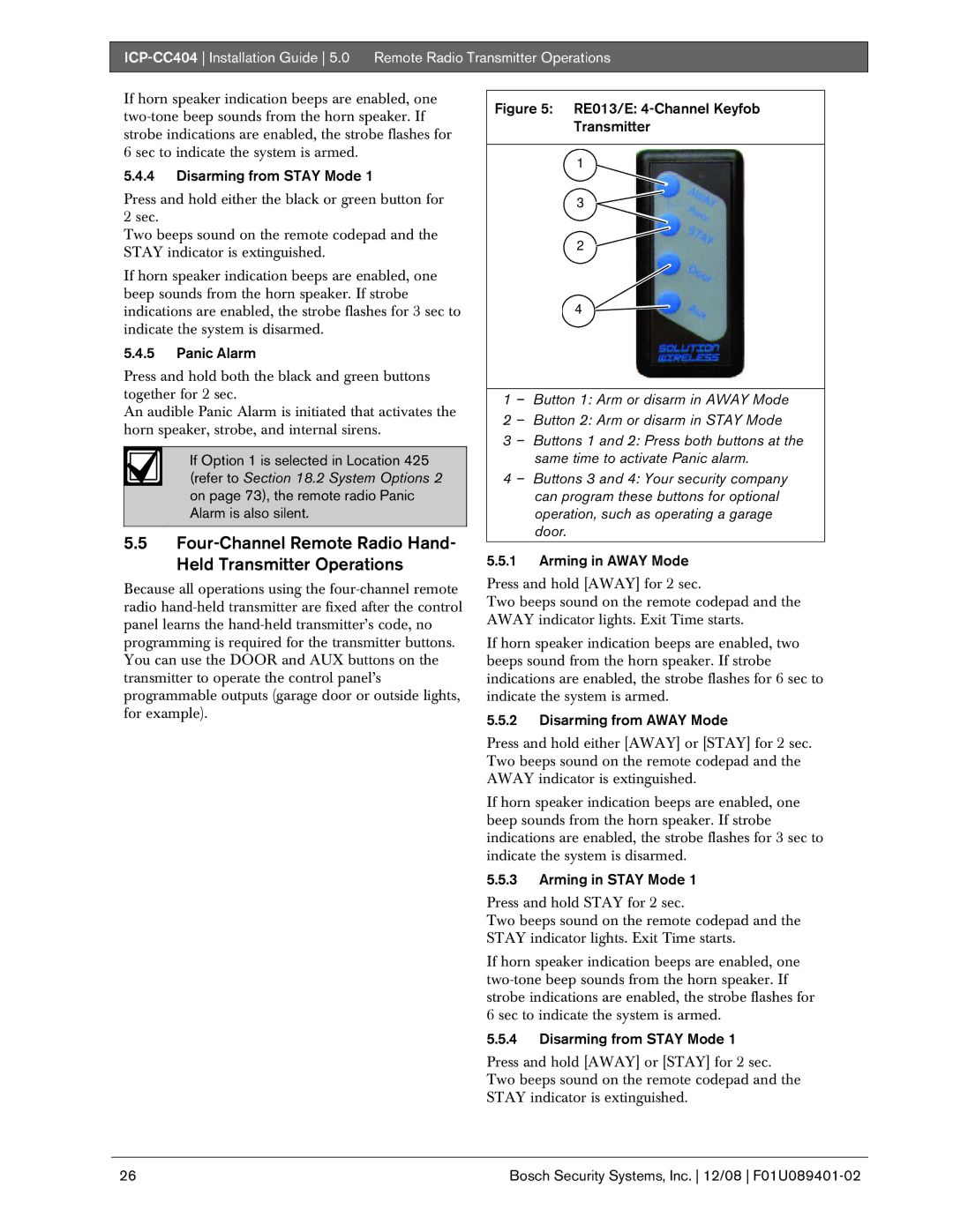 Bosch Appliances ICP-CC404 manual Four-Channel Remote Radio Hand- Held Transmitter Operations, Disarming from Stay Mode 