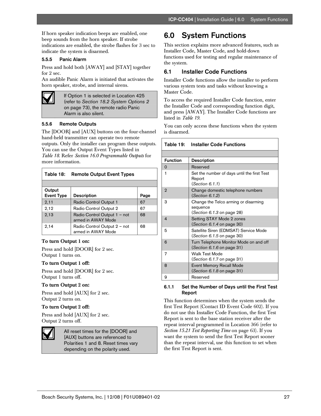 Bosch Appliances manual Installer Code Functions, ICP-CC404 Installation Guide 6.0 System Functions 