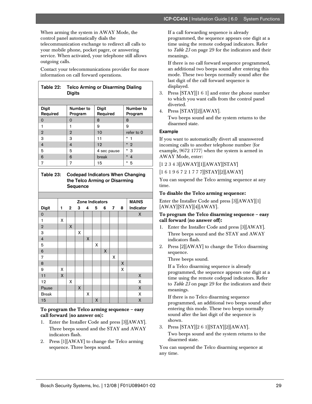 Bosch Appliances ICP-CC404 manual Telco Arming or Disarming Dialing Digits, Codepad Indicators When Changing, Sequence 