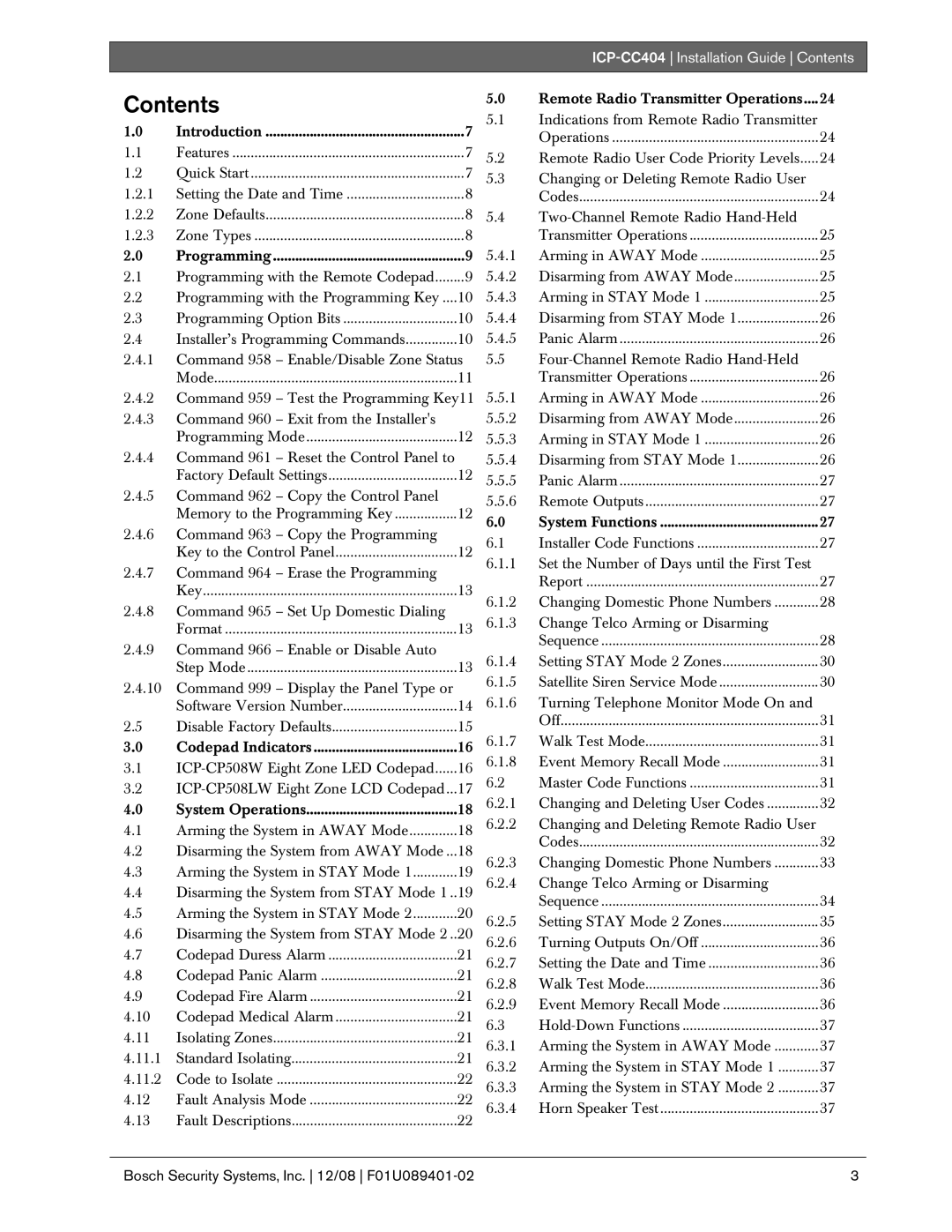 Bosch Appliances ICP-CC404 manual Contents 