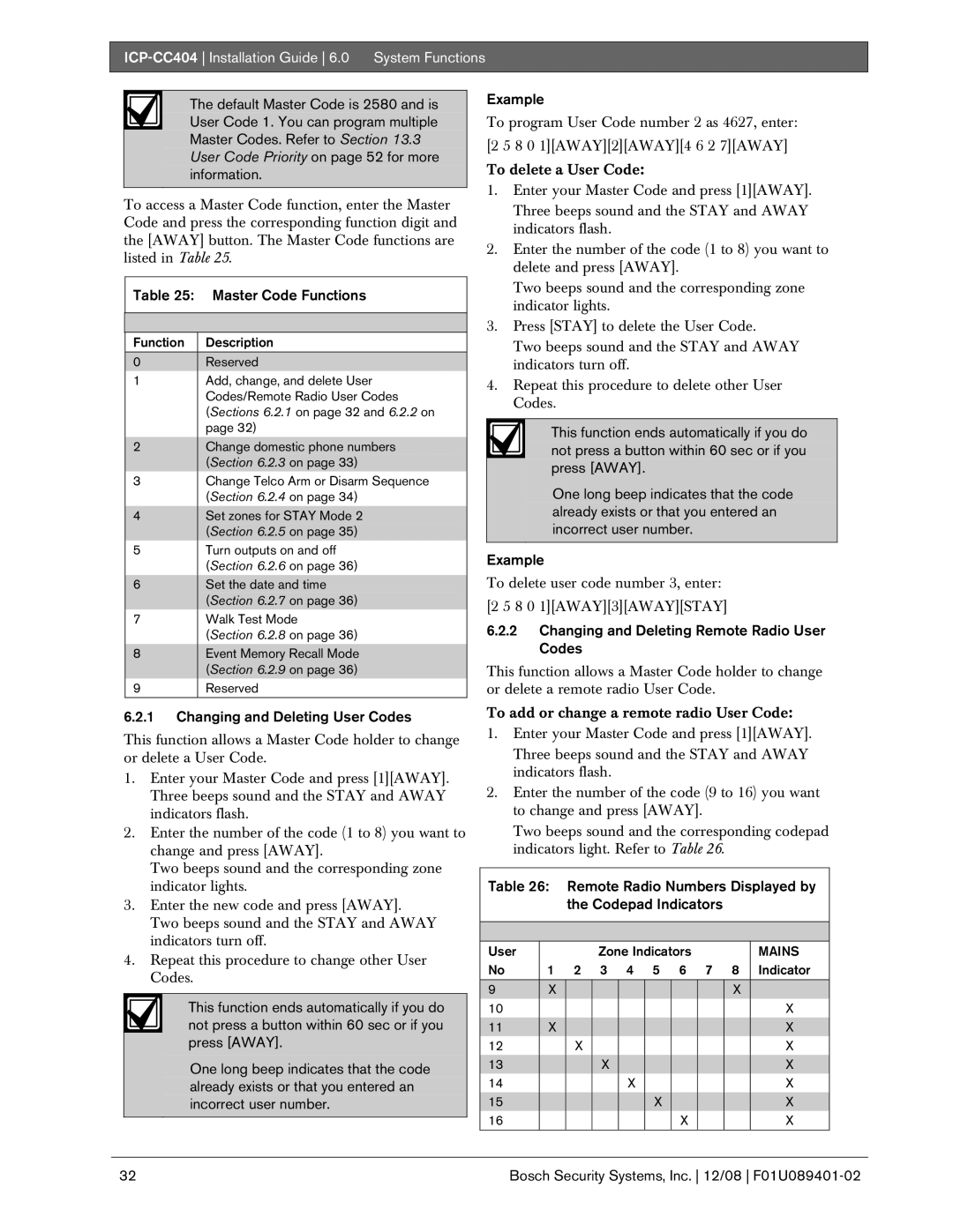 Bosch Appliances ICP-CC404 manual Master Code Functions, Changing and Deleting User Codes 