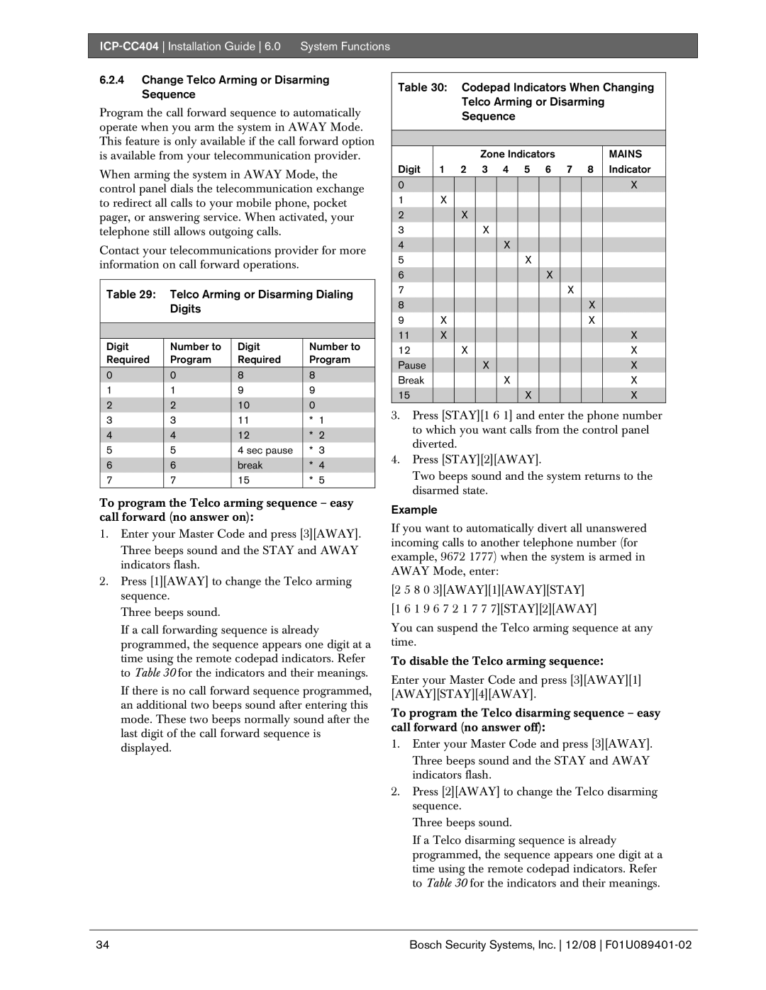 Bosch Appliances ICP-CC404 manual Change Telco Arming or Disarming Sequence 