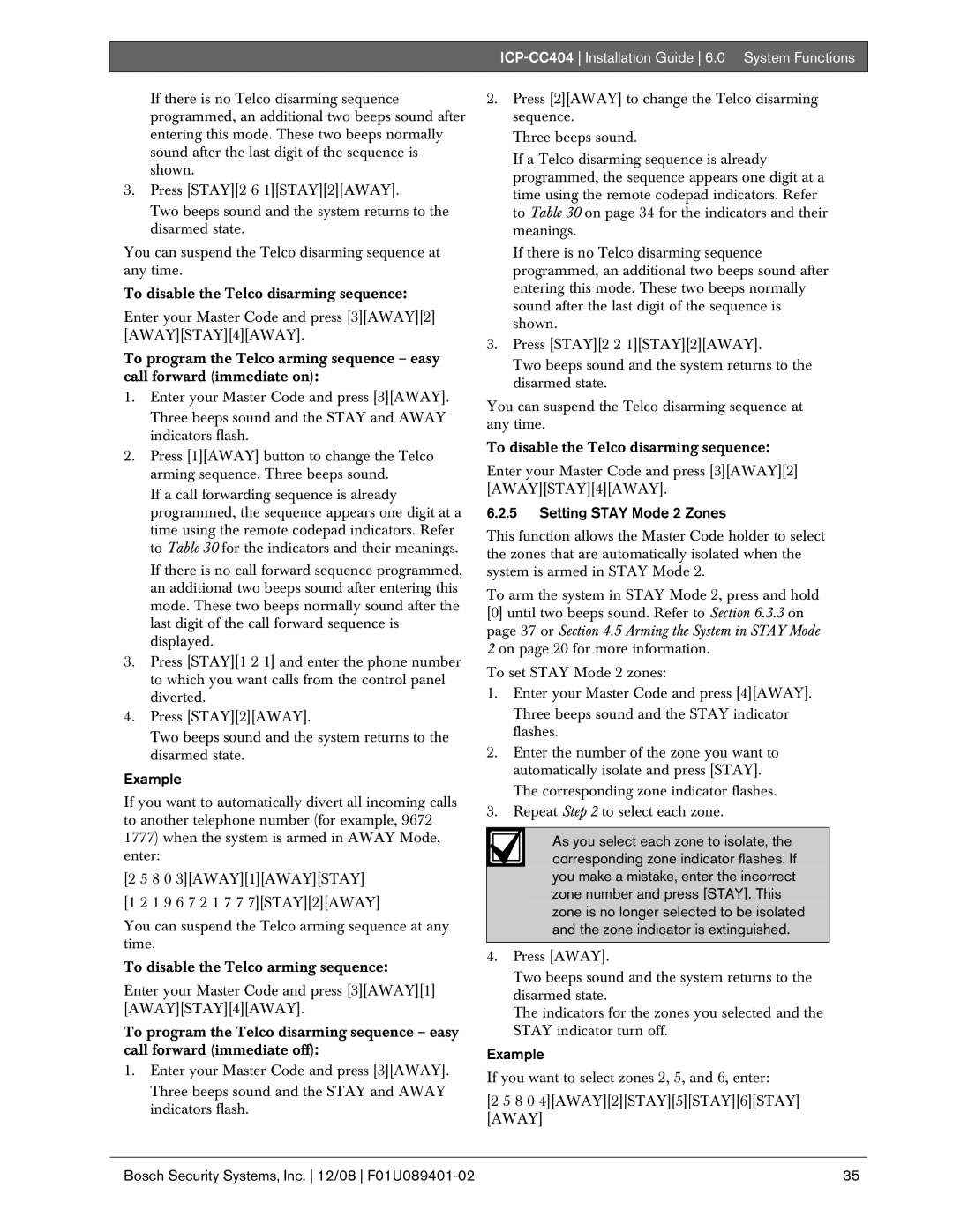 Bosch Appliances ICP-CC404 manual Setting Stay Mode 2 Zones 