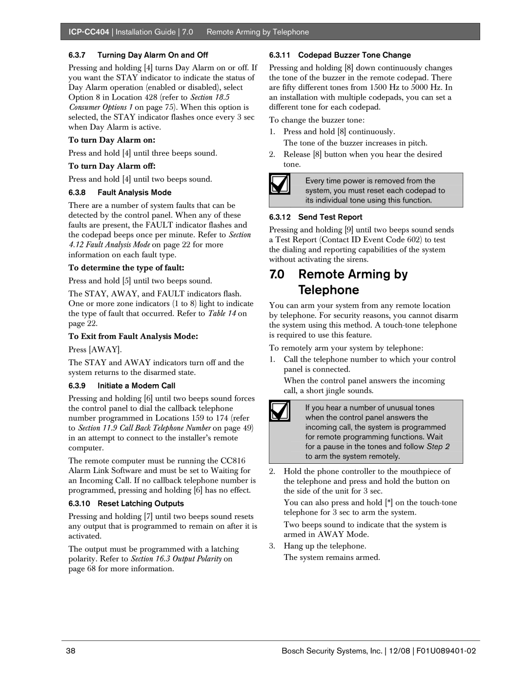 Bosch Appliances manual ICP-CC404 Installation Guide 7.0 Remote Arming by Telephone 