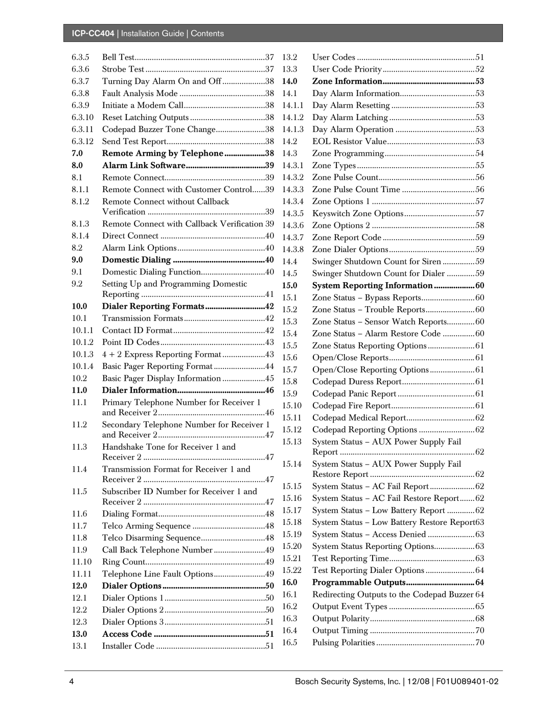 Bosch Appliances manual ICP-CC404 Installation Guide Contents 