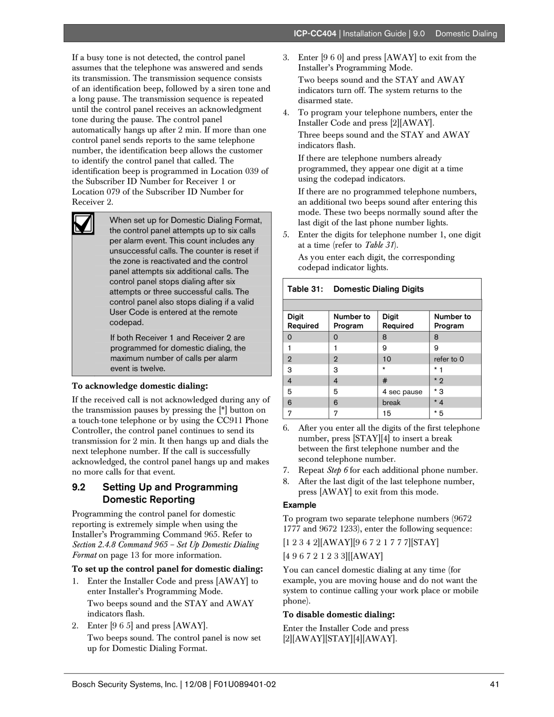 Bosch Appliances ICP-CC404 manual Setting Up and Programming Domestic Reporting, Domestic Dialing Digits 