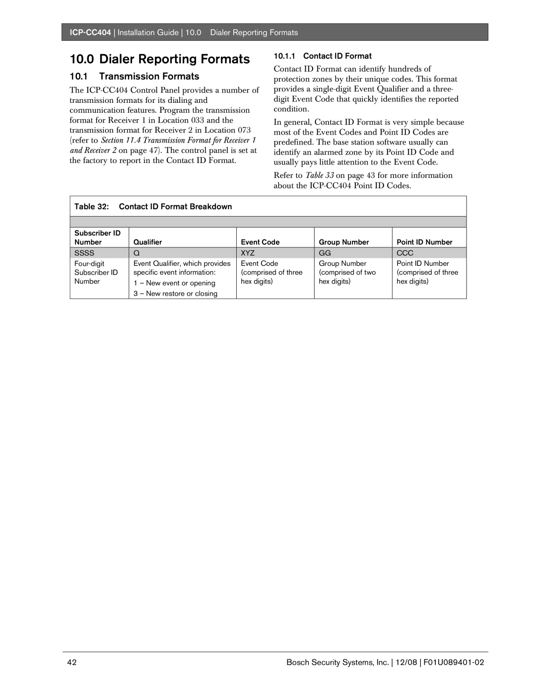 Bosch Appliances ICP-CC404 manual Dialer Reporting Formats, Transmission Formats, Contact ID Format Breakdown 