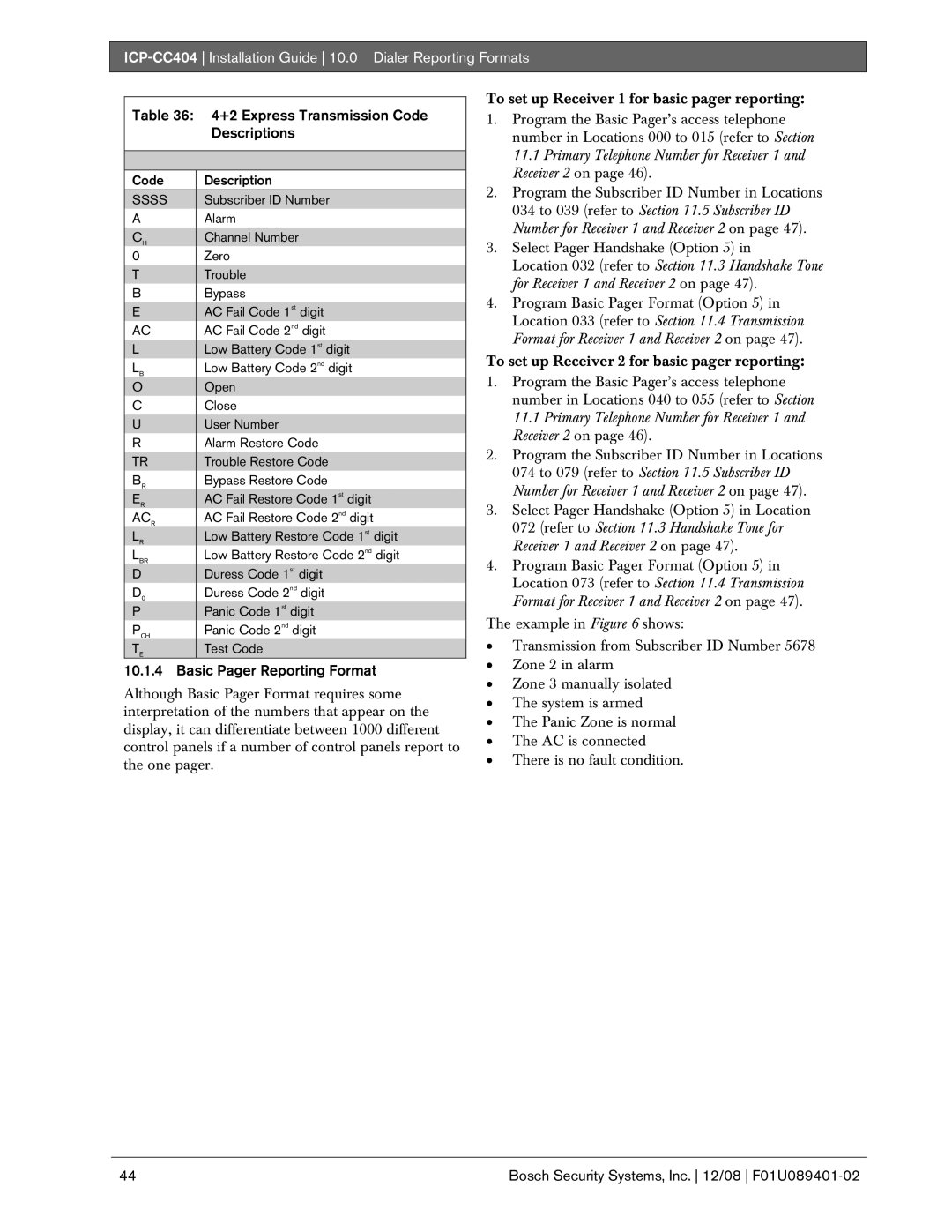 Bosch Appliances ICP-CC404 manual +2 Express Transmission Code Descriptions, Basic Pager Reporting Format 