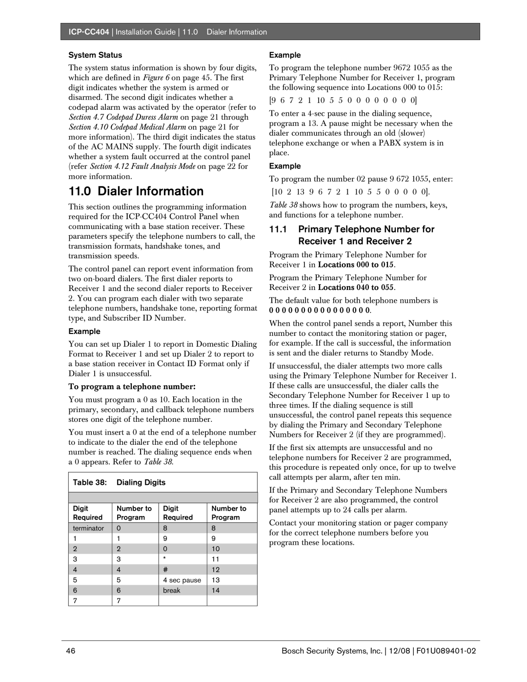 Bosch Appliances ICP-CC404 manual Dialer Information, Primary Telephone Number for Receiver 1 and Receiver, System Status 