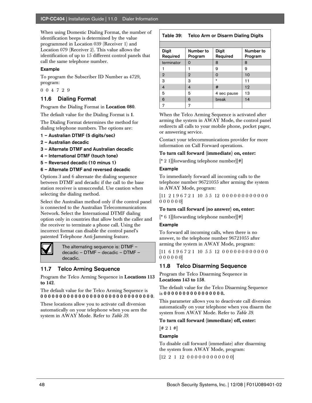 Bosch Appliances ICP-CC404 manual Dialing Format, Telco Arming Sequence, Telco Disarming Sequence 