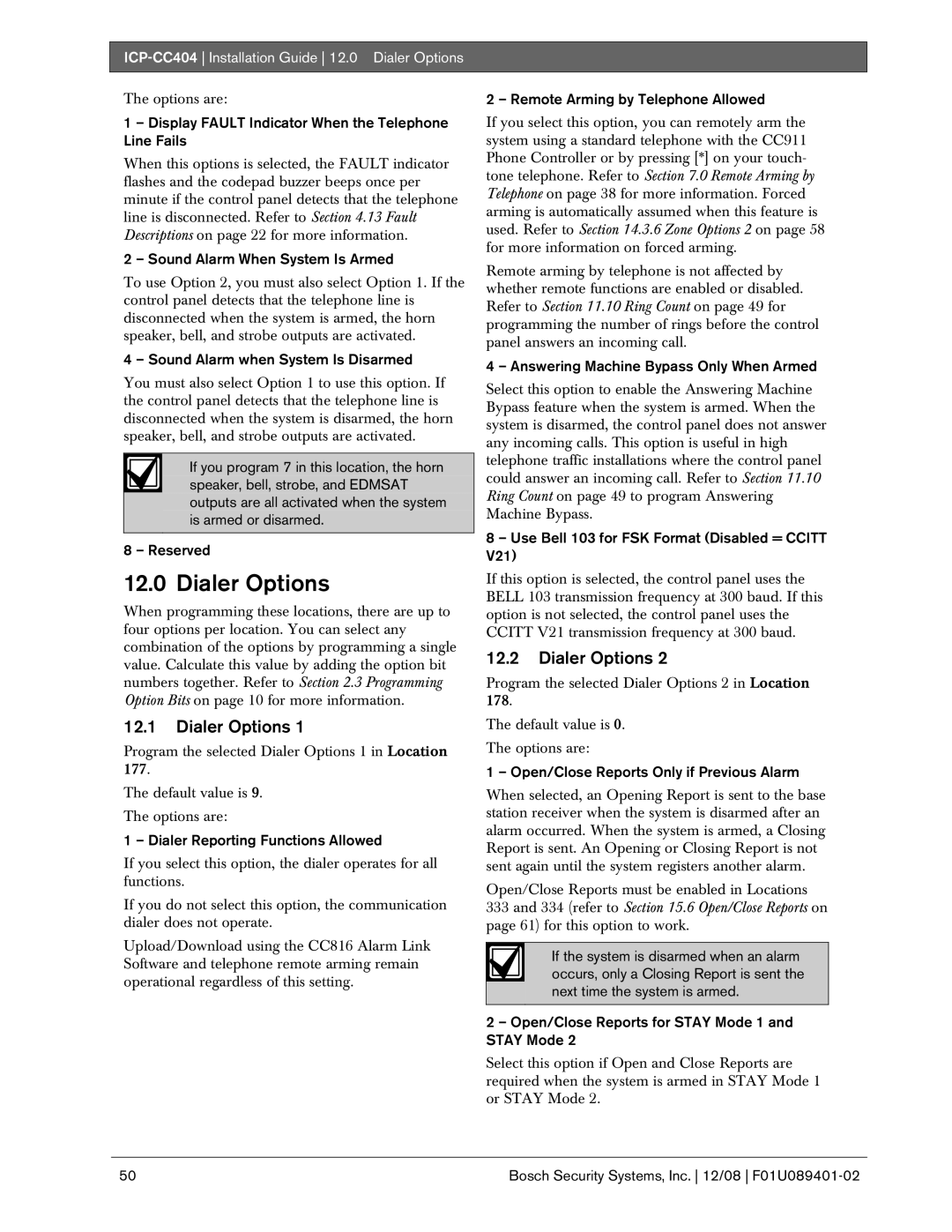 Bosch Appliances manual ICP-CC404 Installation Guide 12.0 Dialer Options 