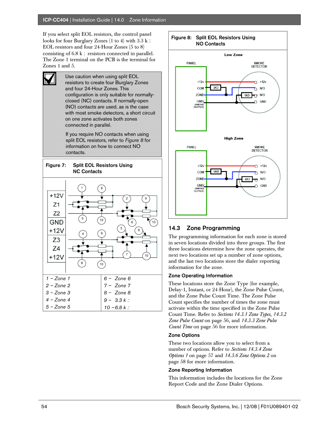 Bosch Appliances ICP-CC404 manual Zone Programming, Zone Operating Information, Zone Options, Zone Reporting Information 