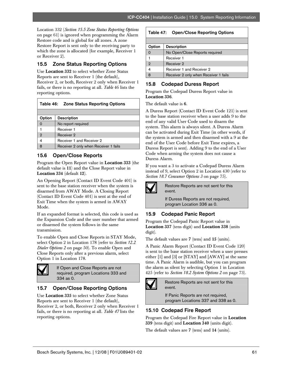 Bosch Appliances ICP-CC404 manual Zone Status Reporting Options, Open/Close Reports, Open/Close Reporting Options 