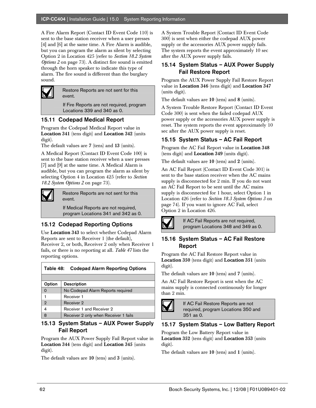 Bosch Appliances ICP-CC404 Codepad Medical Report, Codepad Reporting Options, System Status AUX Power Supply Fail Report 