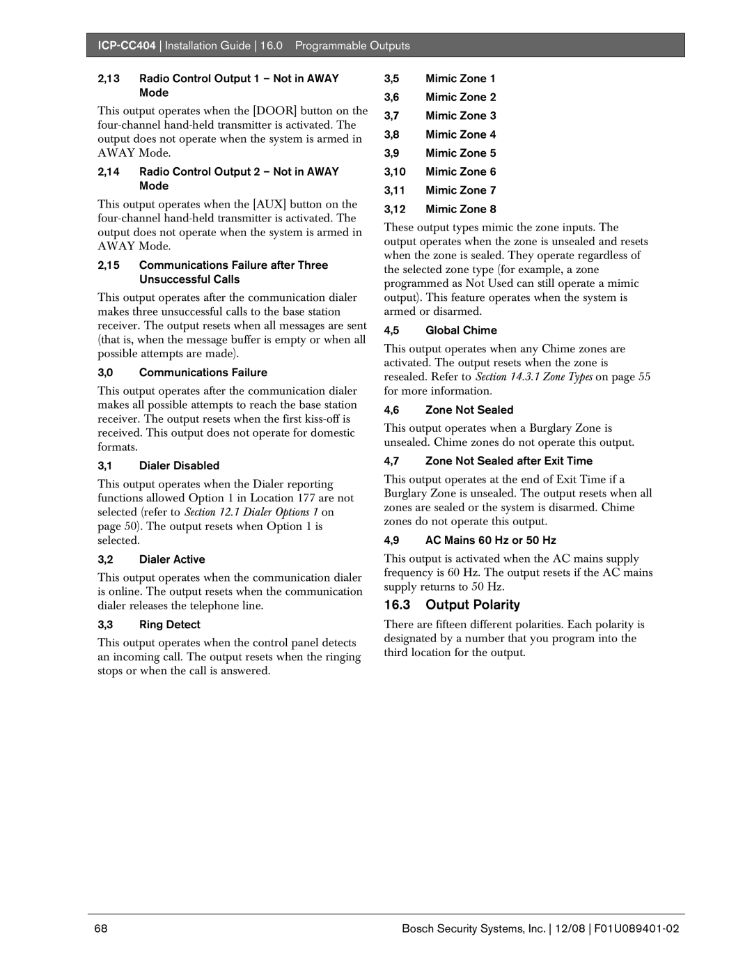 Bosch Appliances ICP-CC404 manual Output Polarity 