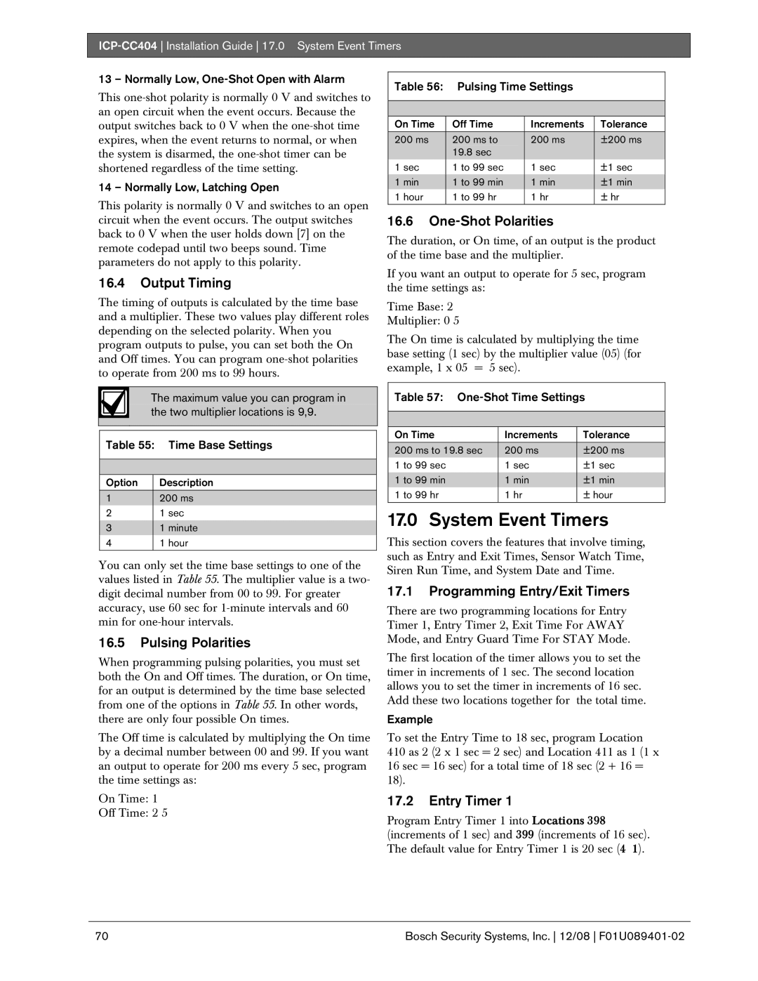 Bosch Appliances ICP-CC404 manual System Event Timers 