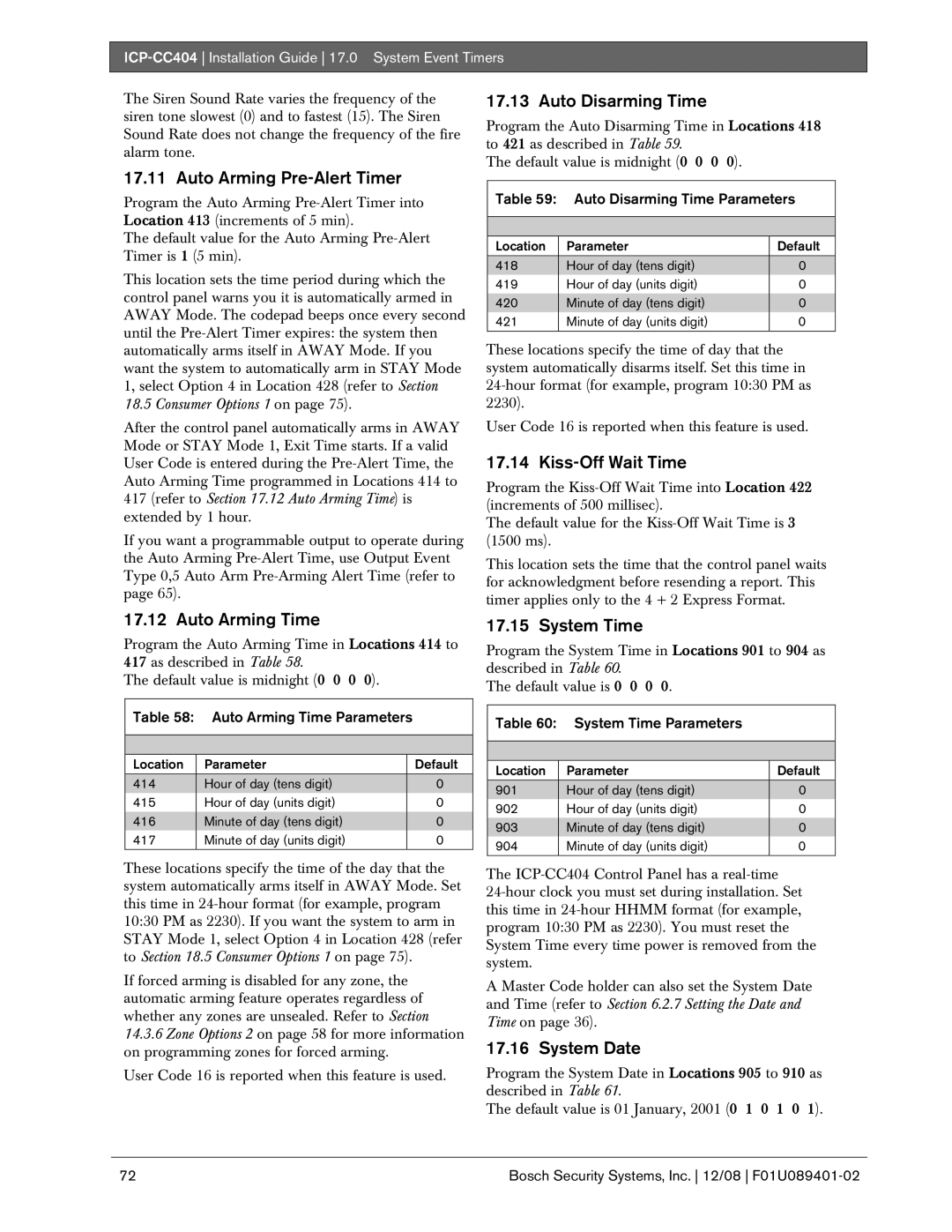 Bosch Appliances ICP-CC404 manual Auto Arming Pre-Alert Timer, Auto Arming Time, Auto Disarming Time, Kiss-Off Wait Time 