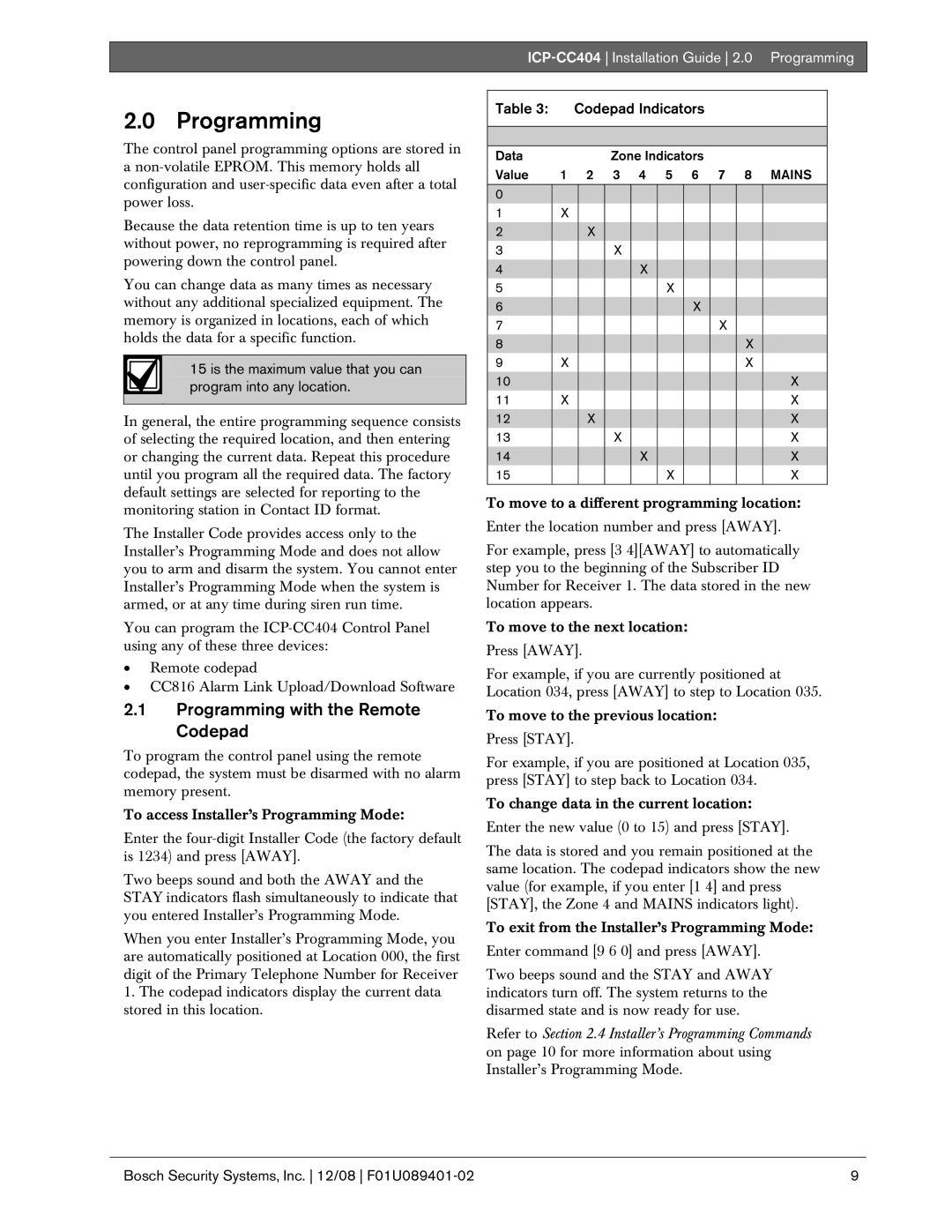 Bosch Appliances manual Programming with the Remote Codepad, ICP-CC404 Installation Guide 2.0 Programming 