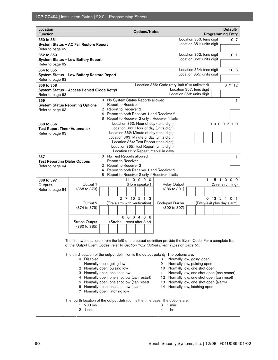 Bosch Appliances ICP-CC404 manual 374 to 392 to Strobe Output 