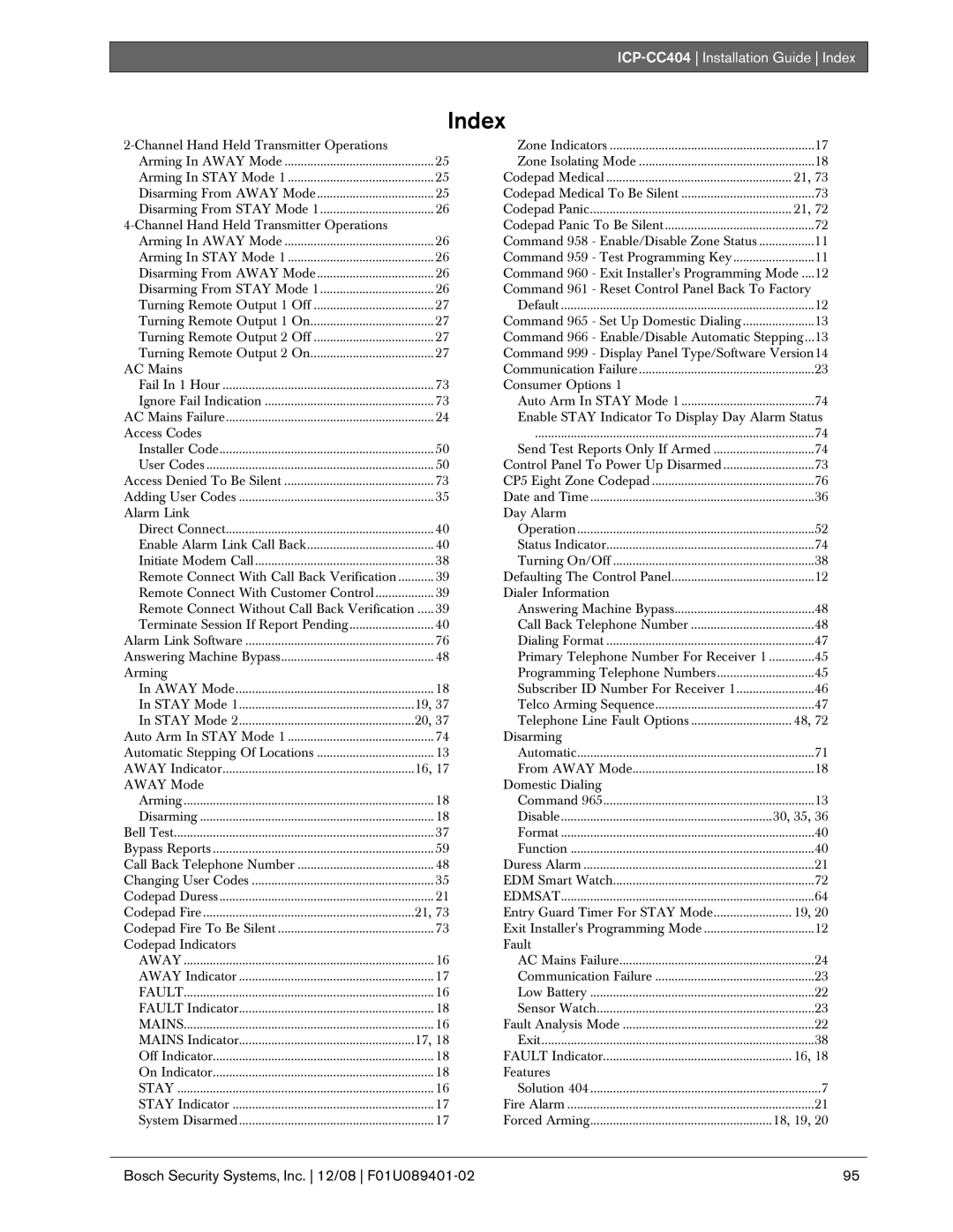 Bosch Appliances manual ICP-CC404 Installation Guide Index 