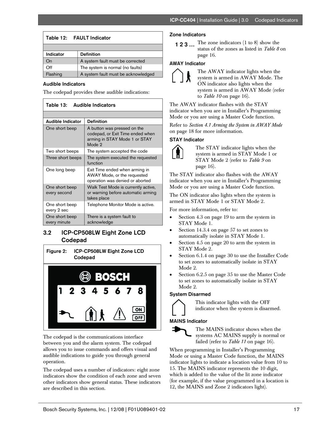 Bosch Appliances ICP-CC404 manual 3.2ICP-CP508LWEight Zone LCD Codepad 